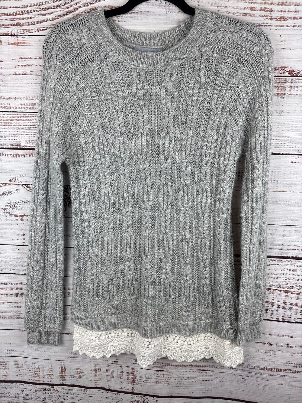 Octavia Wool Blend Gray Soft Cable Knit Tunic Sweater Cotton Lace Trim Womens S